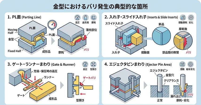 金型におけるバリとは?発生原因から対策、バリ修理事例をご紹介! | プラスチック金型メンテセンター.COM 金型でバリが発生しやすい箇所